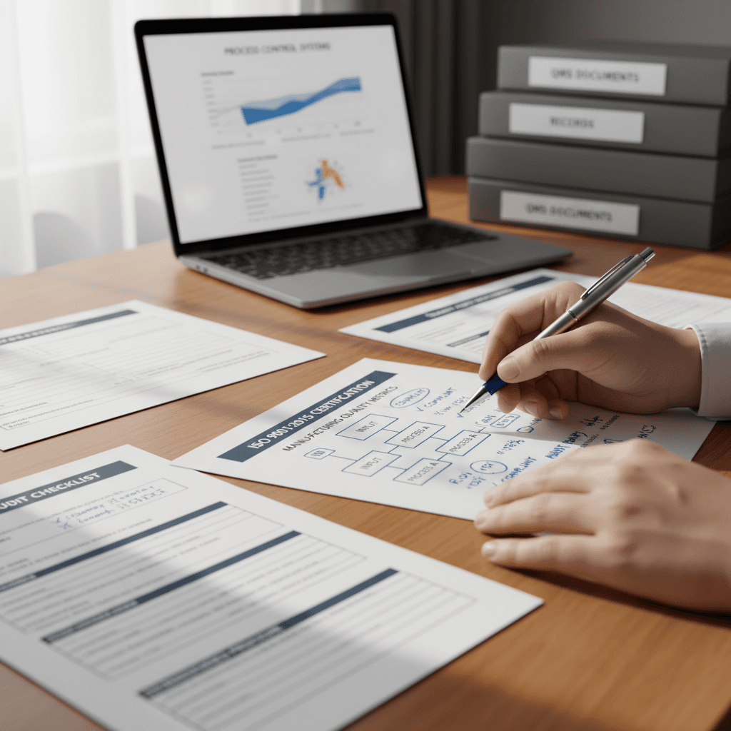 Consultant hands annotating ISO quality management documents and process flowcharts on wooden desk with natural light