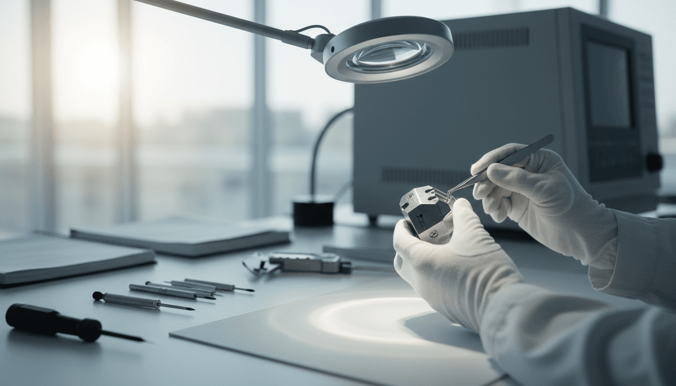 Quality assurance technician in white gloves carefully inspects manufactured component with magnifying glass under task lighting