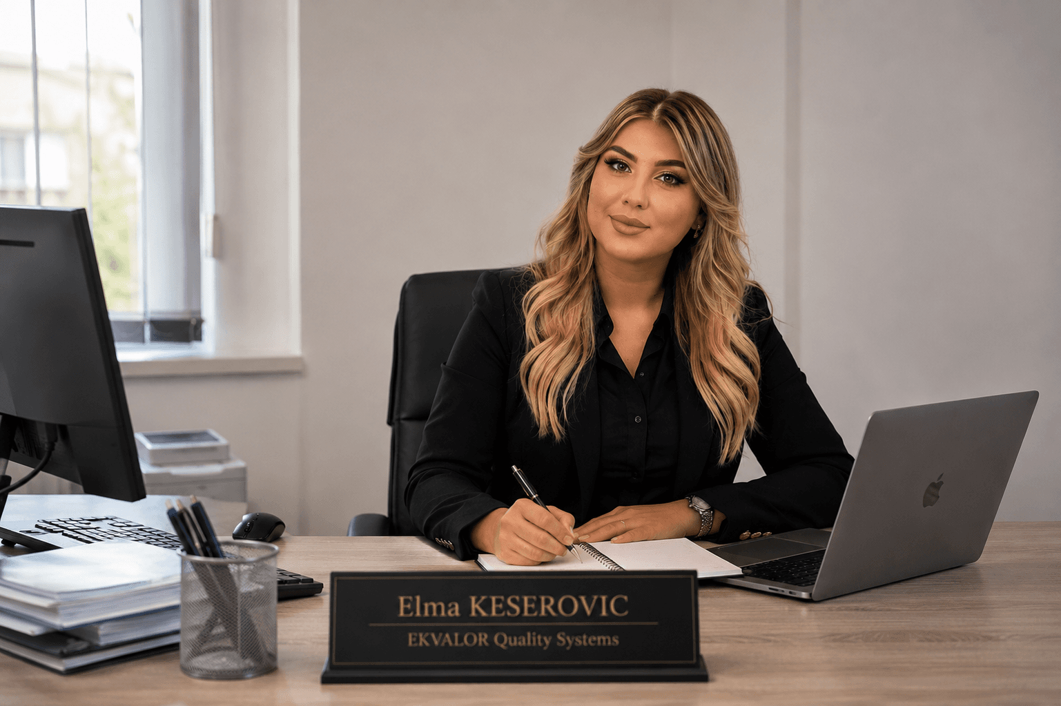 Elma Keserovic sits at a desk writing in a notebook, wearing a professional black blazer.