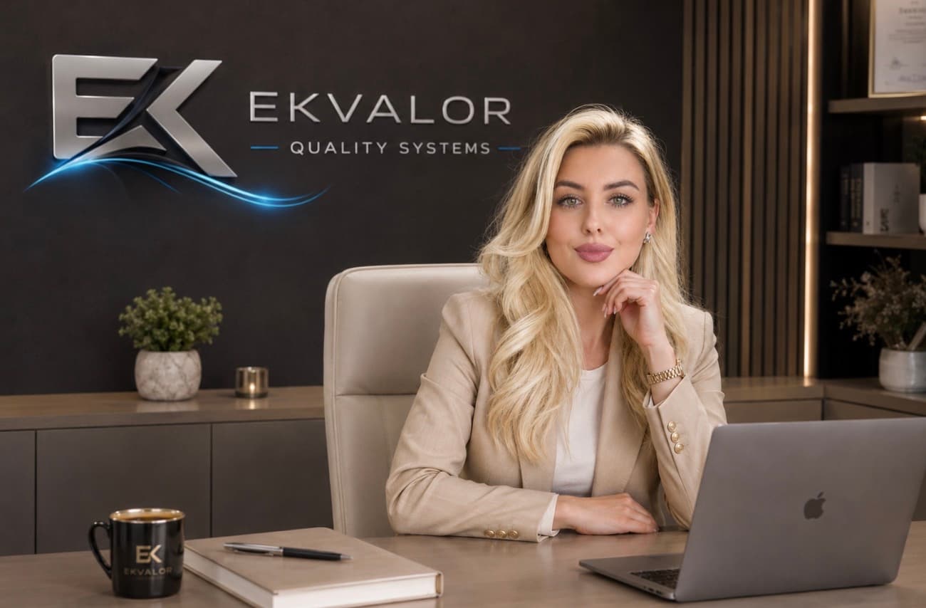 Blonde woman in a beige blazer at a desk with laptop and EKVALOR logo.